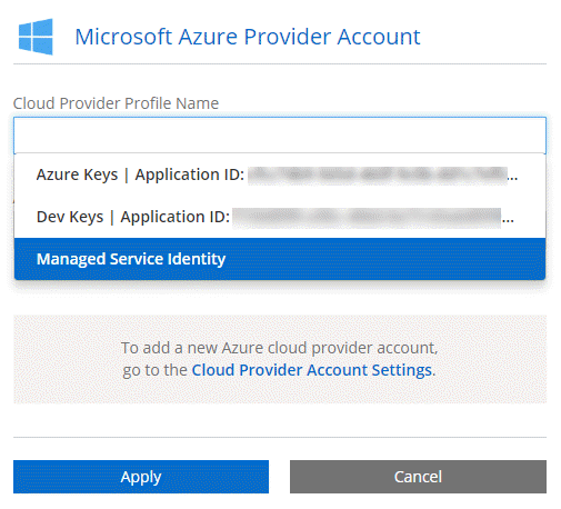 A screenshot that shows selecting between cloud provider accounts after clicking Switch Account in the Details & Credentials page.