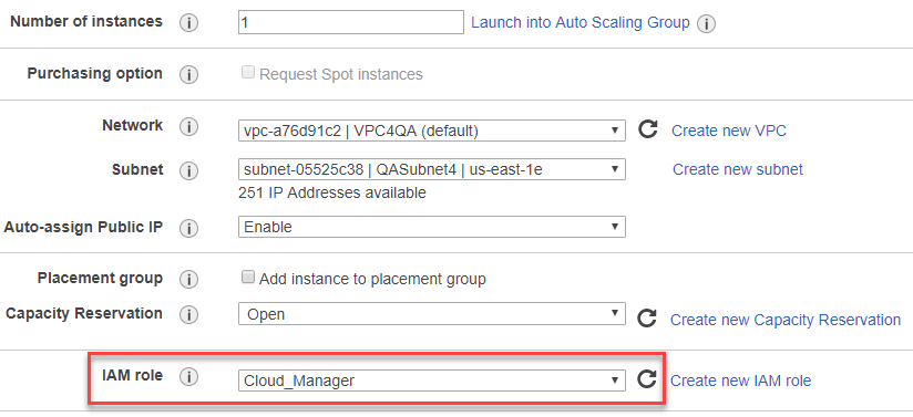 A screenshot that shows fields on the Configure Instance page in AWS. The IAM role that you should have created in step 1 is selected.