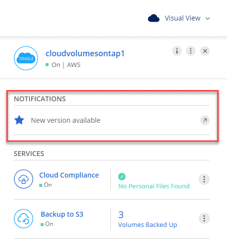 Screen shot: Shows the New version available notification which displays in the Working Environments page after you select a working environment.