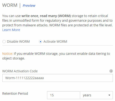 Shows the WORM option that is available when creating a new working environment.