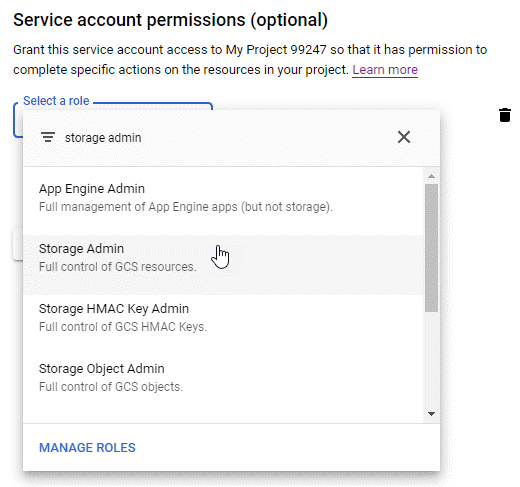A screenshot of the GCP IAM console that shows the selection of the Storage Admin role for a service account.