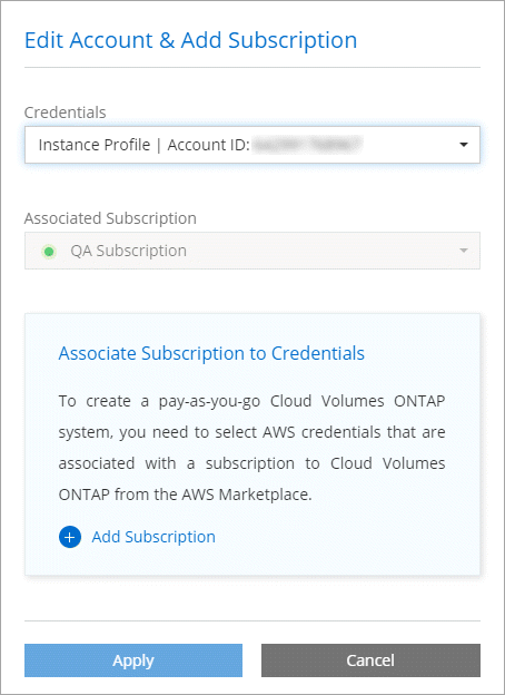 A screenshot of the Edit Account and Add Subscription dialog box. This dialog box enables you to choose a subscription and associate the credentials with a subscription.
