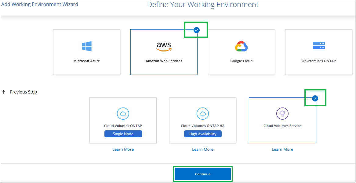 A screenshot of adding a working environment for a Cloud Volumes Service for AWS subscription