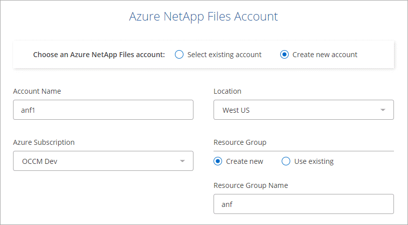 A screenshot of the fields required to create an Azure NetApp Files account, which includes a name, Azure subscription, location, and resource group.