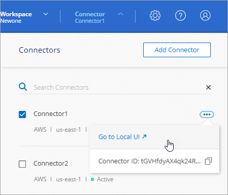 A screenshot that shows the Connector icon in the header and the Go to local UI action.