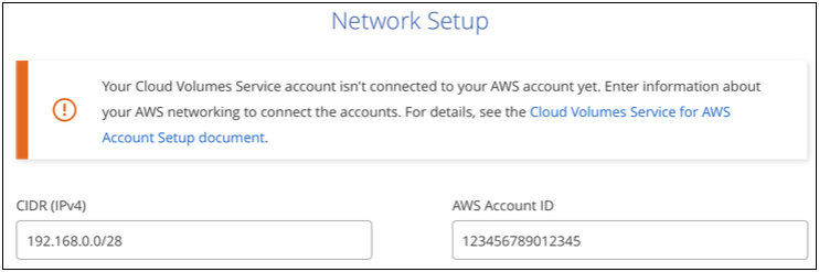 A screenshot of the network setup page where you add the CIDR and AWS account ID