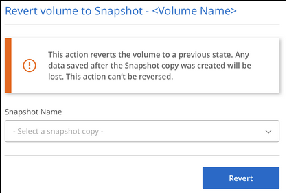 Screenshot of selecting the snapshot copy to be used to overwrite the existing volume