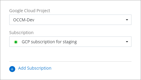 A screenshot of a Google Cloud project and subscription selected for Google Cloud credentials.