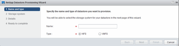 Image shows the first page of the VSC Datastore Provisioning Wizard.