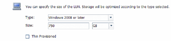 Illustration shows dialog box with Thin Provisioned check box unselected.