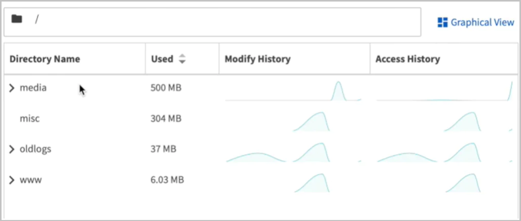 Screen capture of FSA list view. Four directories are shown in descending order of data usage. Each directory is animated with two line charts showing their respective access and modify history.