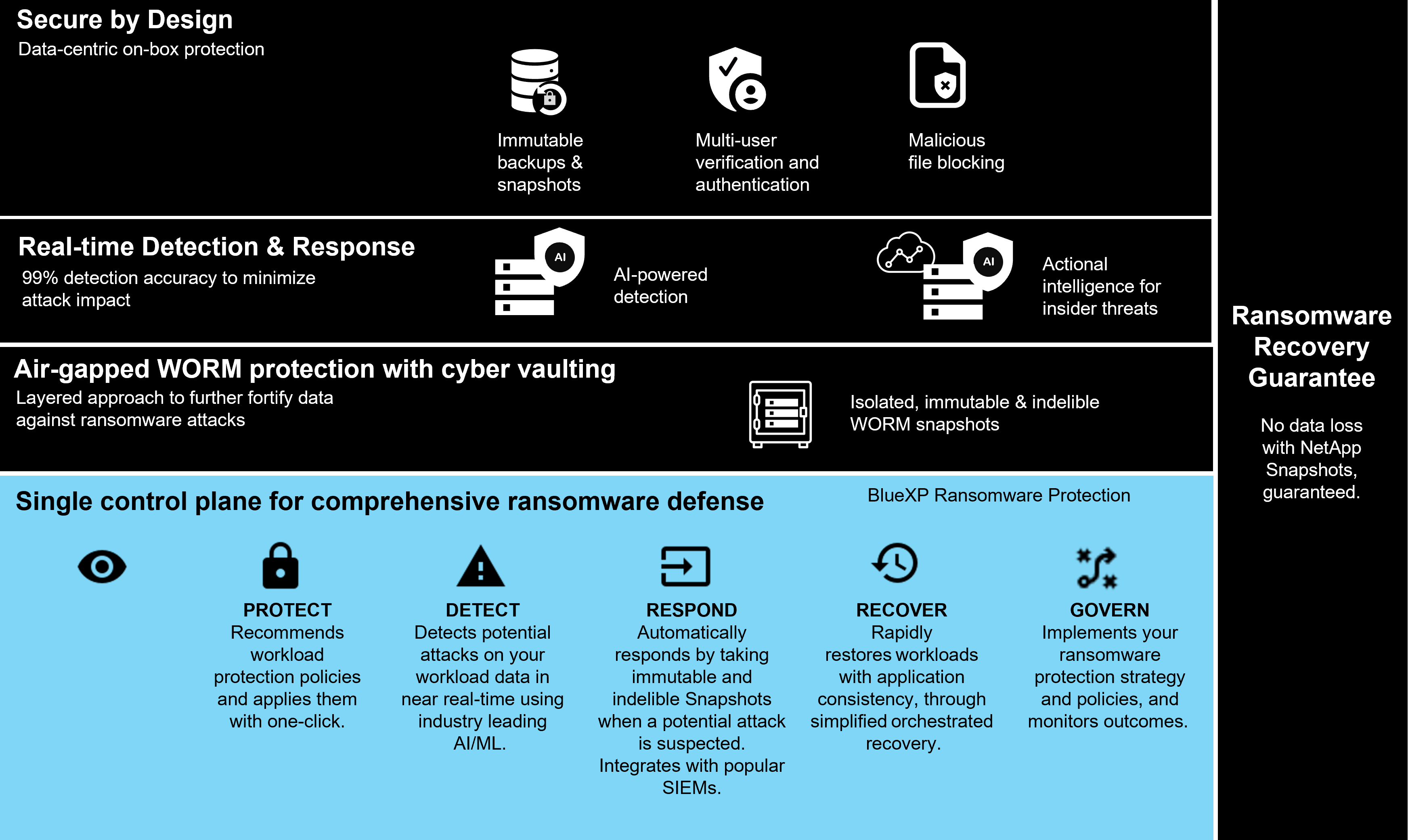 NetApp ransomware protection portfolio that includes the critical attributes described