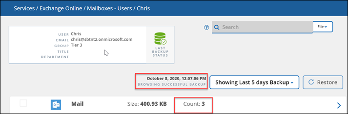 image highlights date and count for a browse of a user mailbox