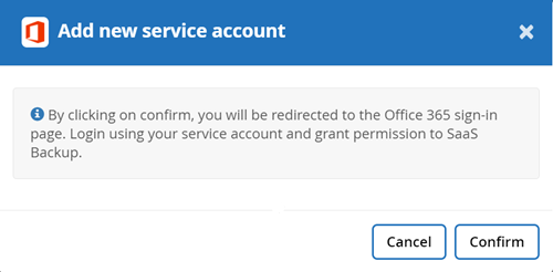 add new service account popup confirmation message