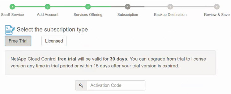 Screenshot that shows where you enter an activation code in the Subscription page when Free Trial is selected.