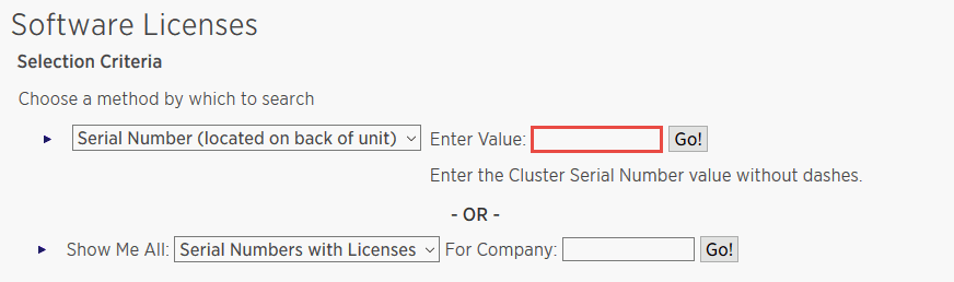 Screenshot of selection criteria and serial number input.