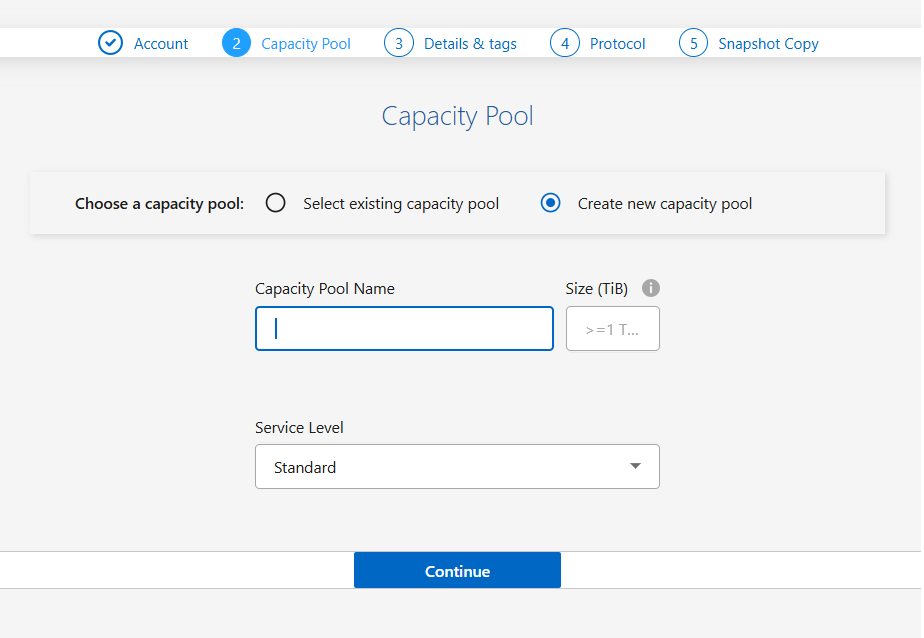 Screenshot of the create capacity pool menu.
