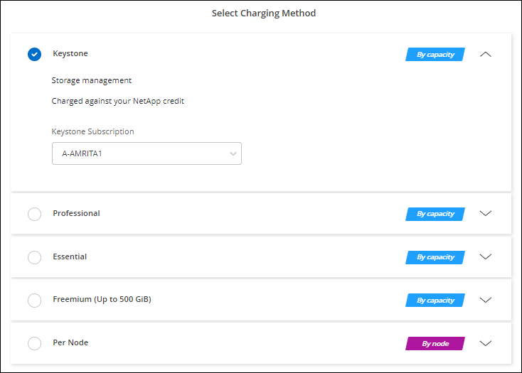 A screenshot of the Keystone Subscription option when creating a Cloud Volumes ONTAP system.