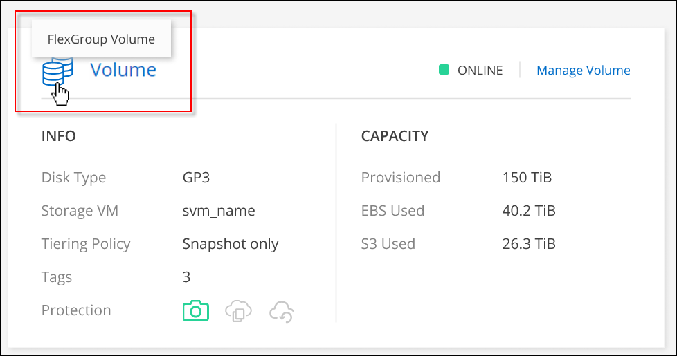 A screenshot that shows the FlexGroup volume icon hover text under the Volumes tile.