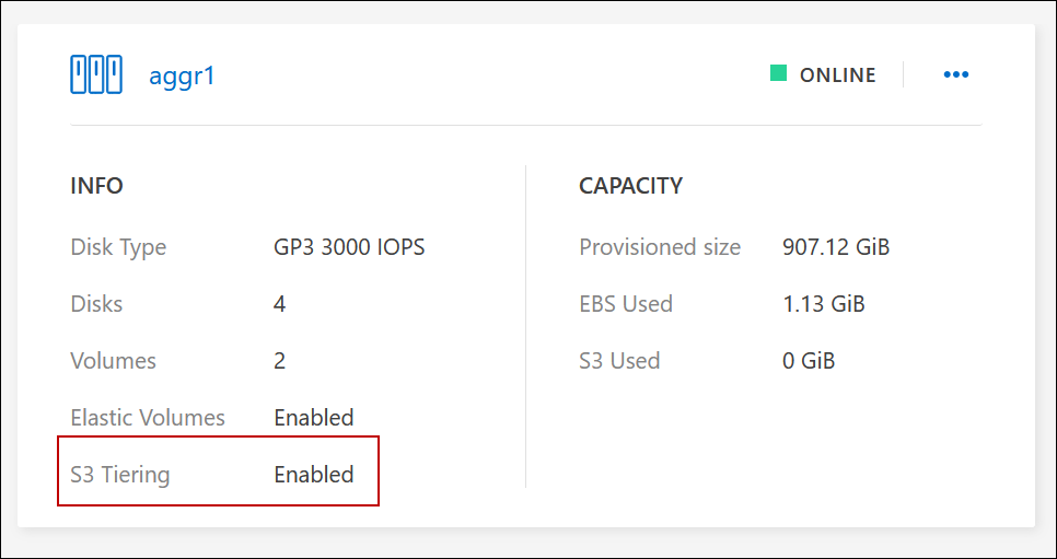A screenshot that shows information about an aggregate in the Console which includes the tiering status.