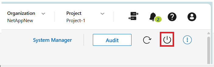 Screen shot: Shows the icon to turn off a Cloud Volumes ONTAP system.