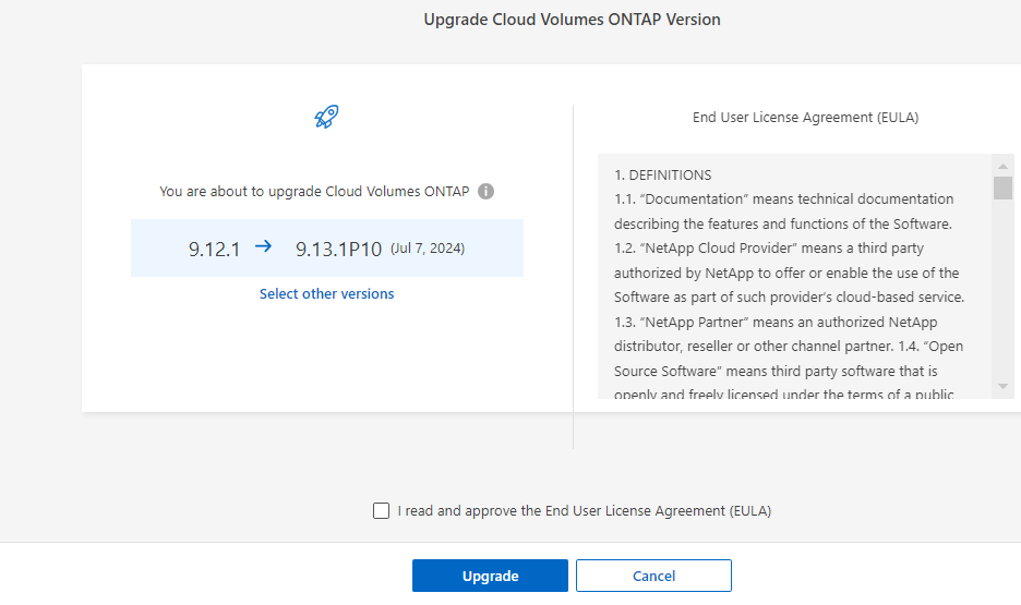 A screenshot of the Upgrade Cloud Volumes ONTAP version page.