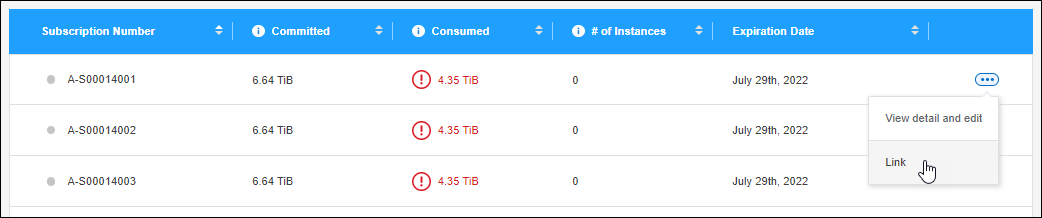 A screenshot that shows the link option for a subscription.