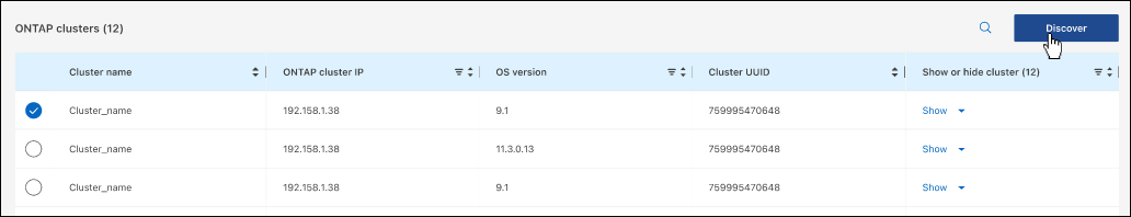 A screenshot of the Discoverable systems page that shows 12 undiscovered on-premises ONTAP clusters.