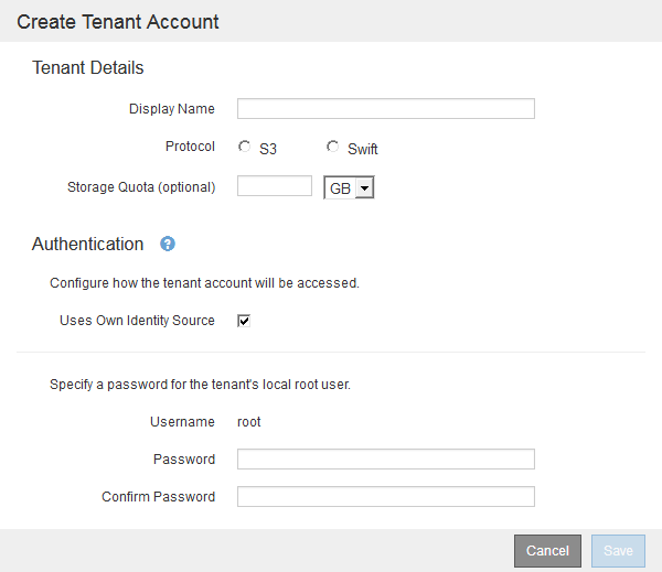 Create Tenant Account SSO disabled