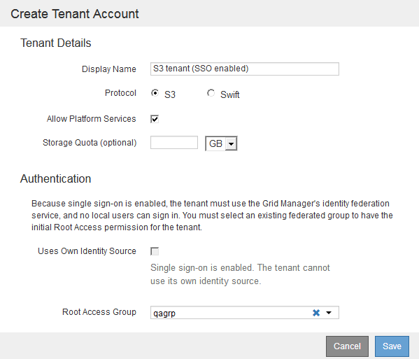 Create Tenant Account SSO enabled