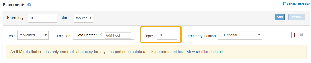Create ILM Rule Page 2 Warning for 1 Copy