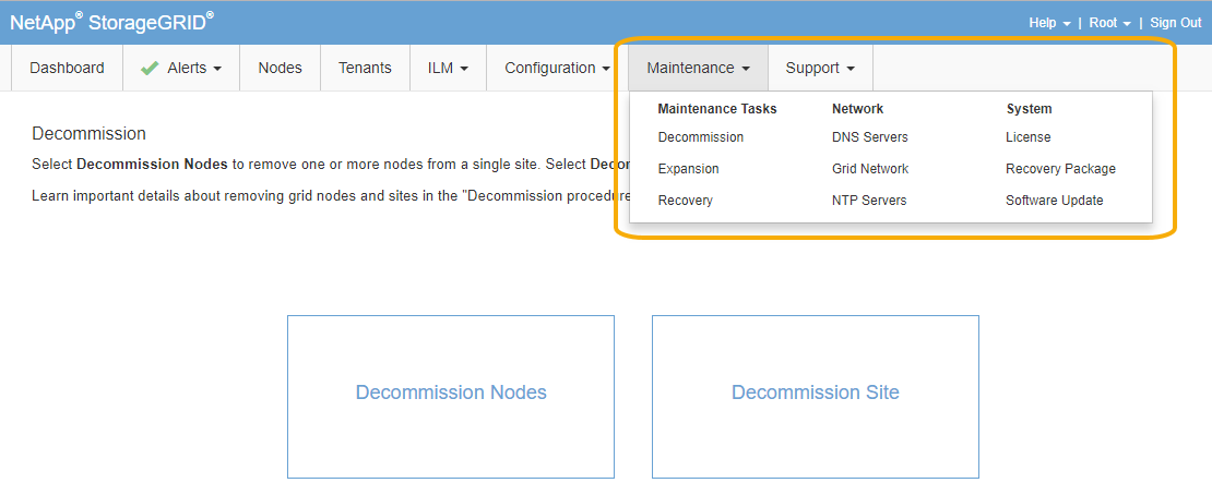 Maintenance Menu and Page