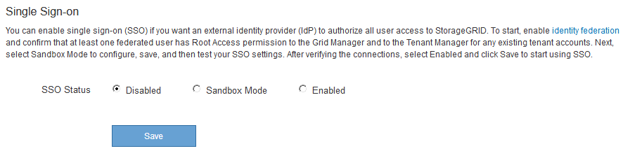 Single Sign-on page with SSO Status disabled
