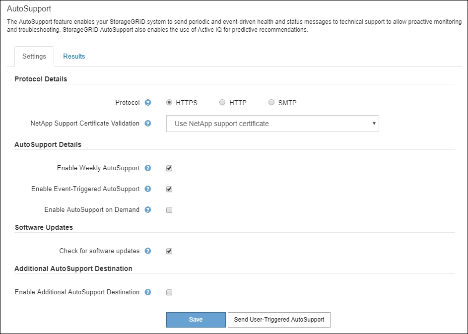 AutoSupport page in Grid Manager