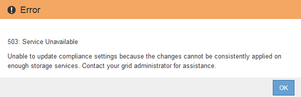 screenshot of warning message if a service is down when you change bucket compliance settings