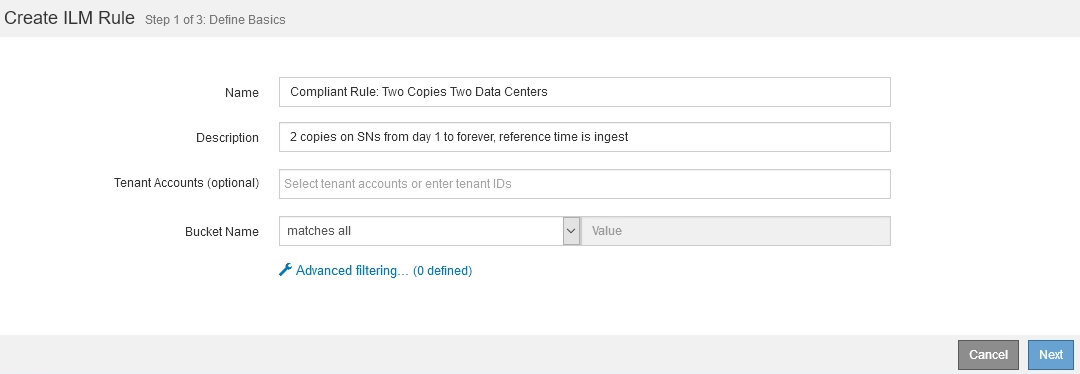 screenshot showing step 1 of creating default rule for compliance example