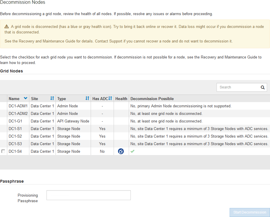 Decommission Nodes page with one node disconnected