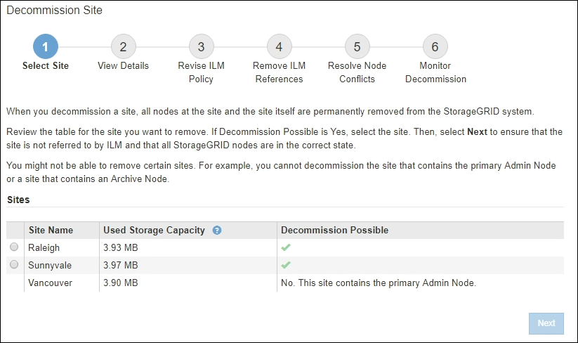 Decommission Site Step 1 Select Site