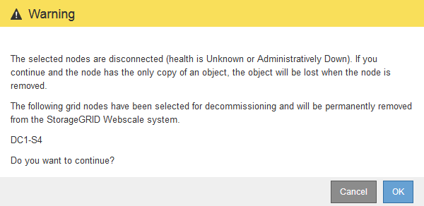 screenshot of decommission warning message