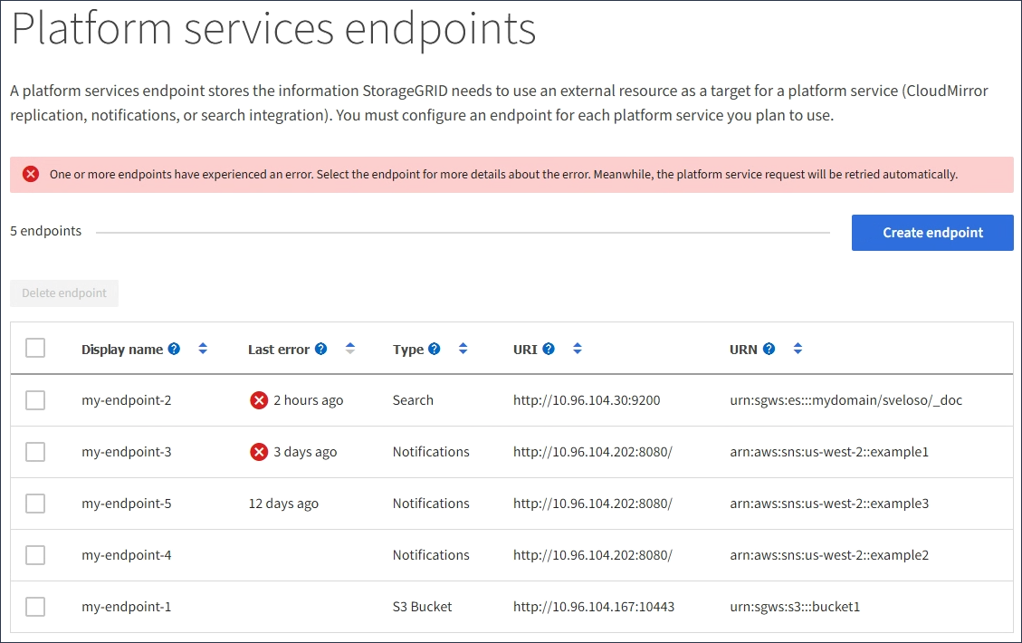 screenshot of Endpoints page showing Last Error column