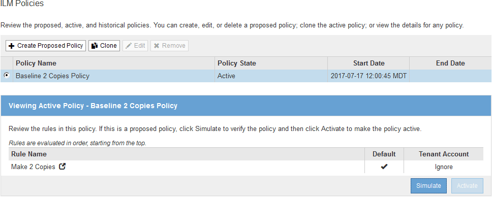 ILM Policies page