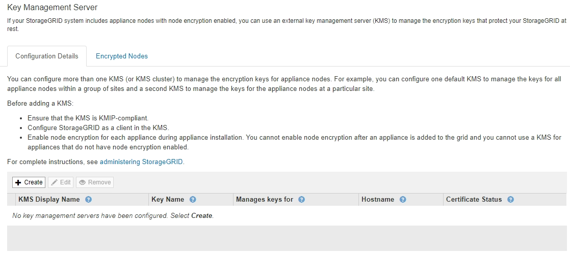 KMS Configuration Details No KMS