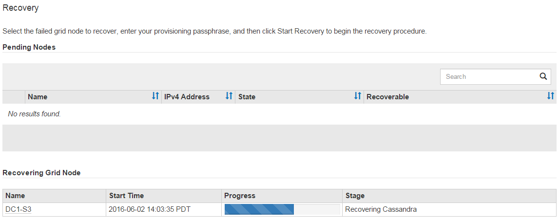 screenshot showing recovery progress in Grid Management Interface