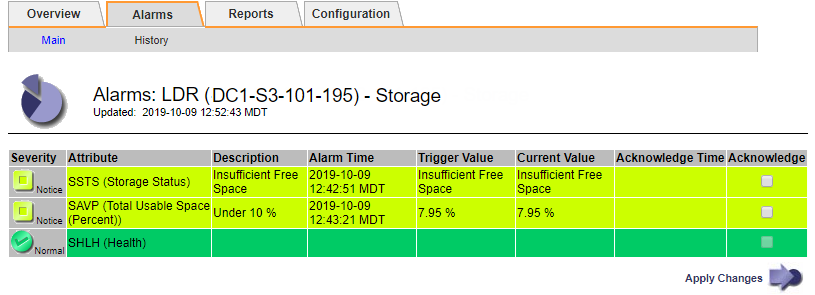 Storage Node > LDR > Storage > Alarms tab