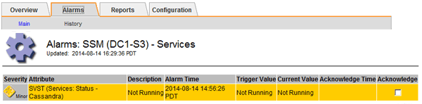 Alarms: SSM: Services page