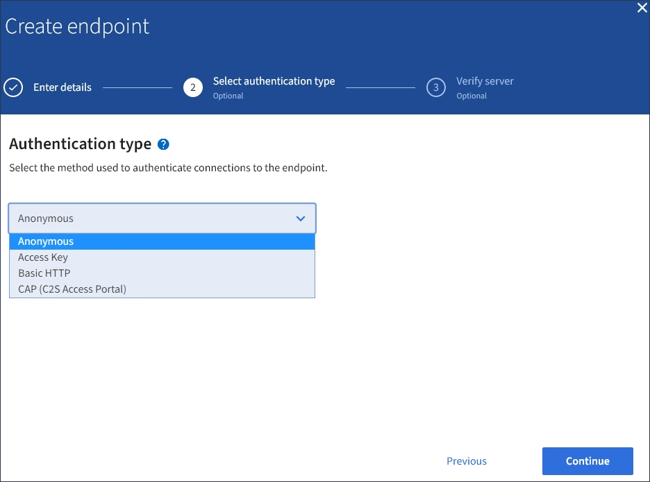 Create Endpoint - Authentication Type