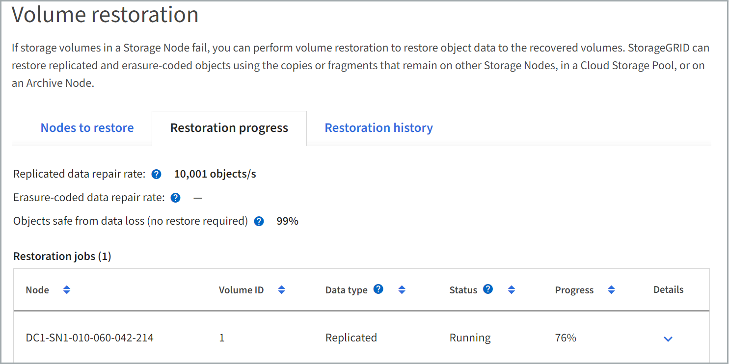 Volume restoration - Restoration progress tab