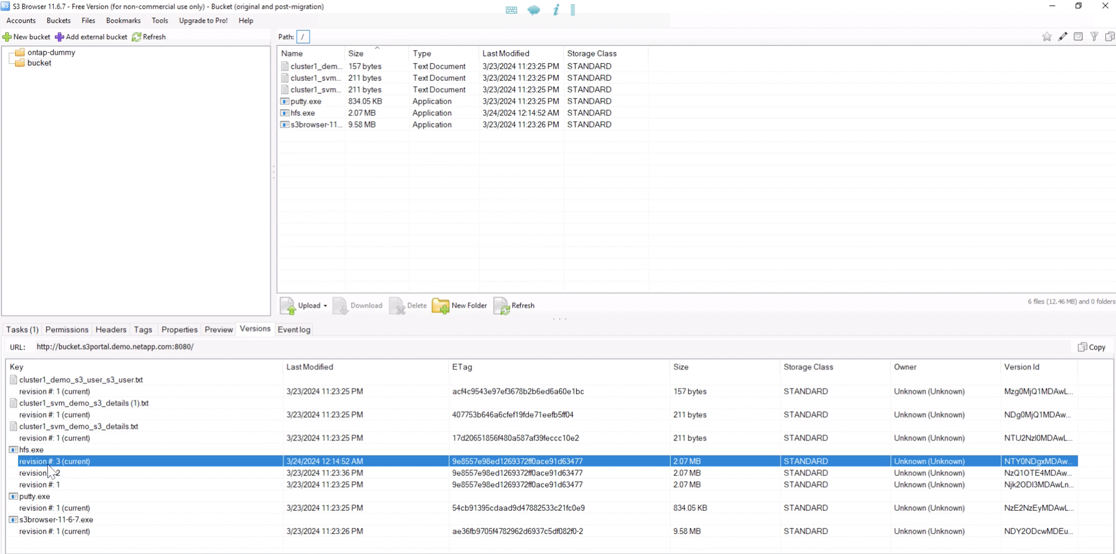 S3browser view of the ONTAP bucket after new version uploaded