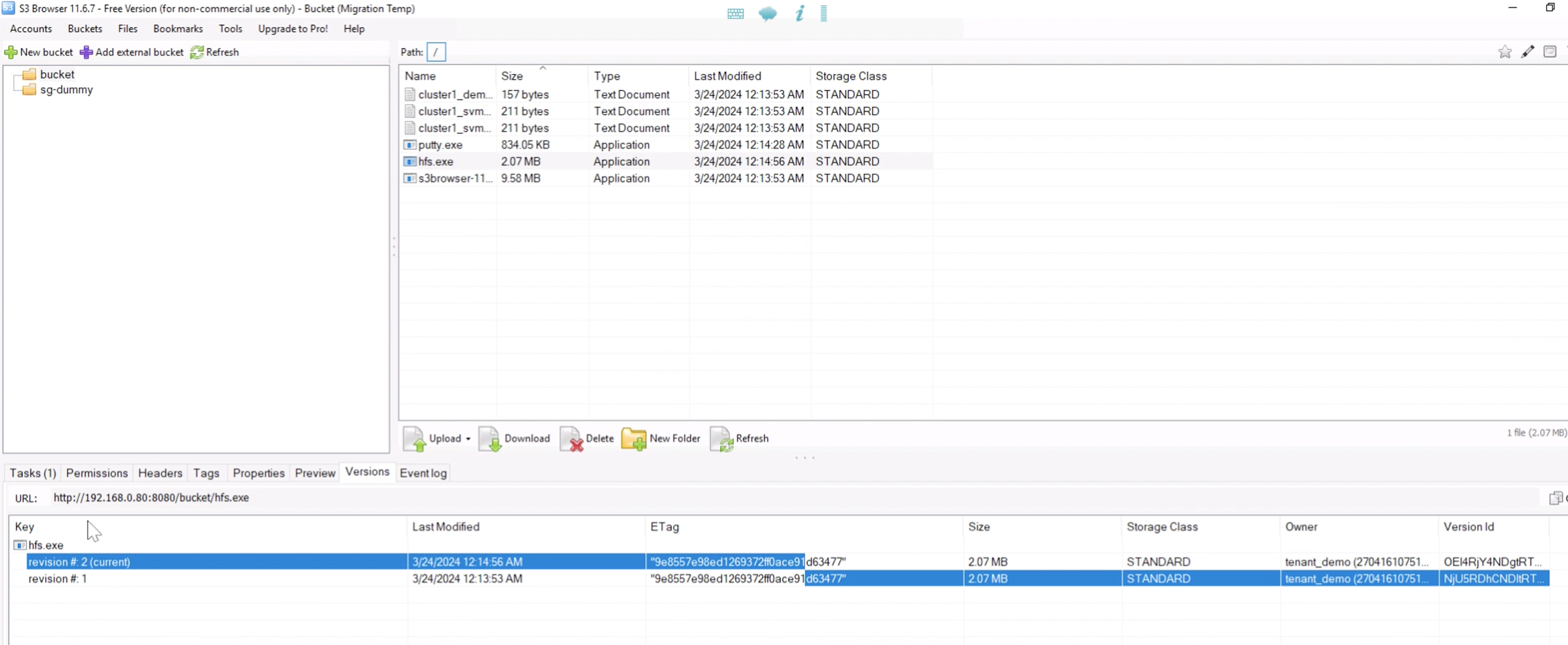 S3browser view of the ONTAP bucket after new version uploaded