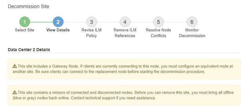 Decommission Site Step 2 Site Warnings